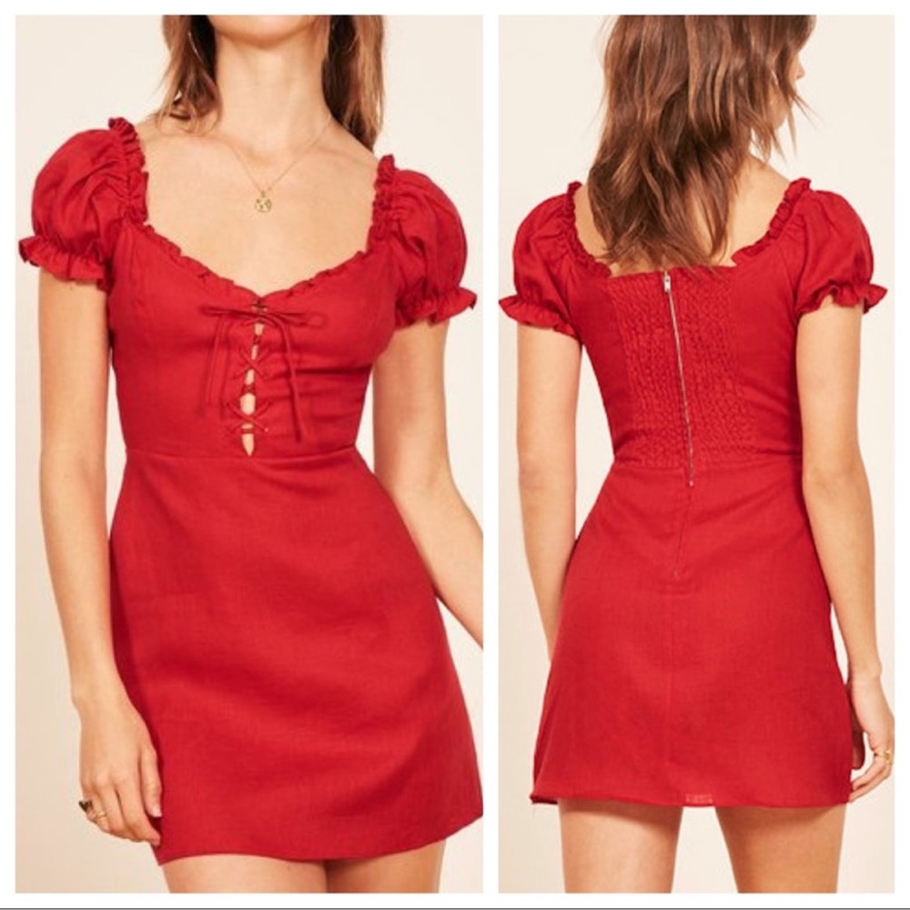 reformation / klara lace up tie ruffle linen dress